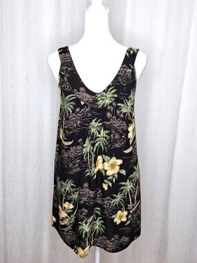 Vintage 90s Aloha Hut Hawaii Black Floral & Palms Hawaiian Print Tank
